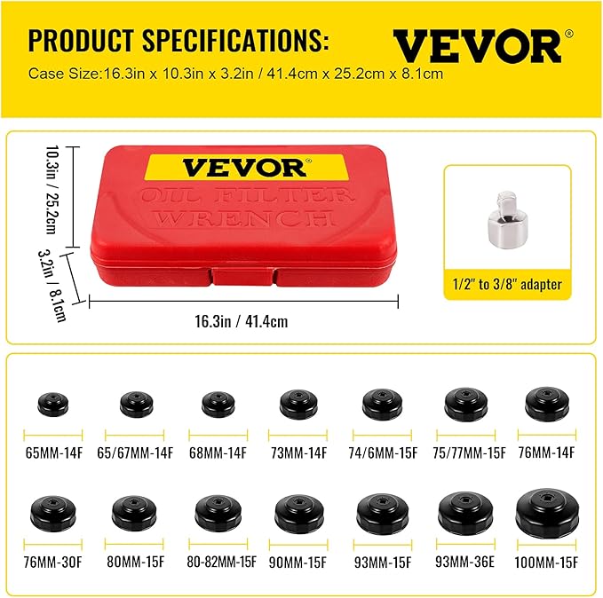VEVOR Oil Filter Socket Set, 14 Pcs Oil Filter Wrench Set, Sturdy Steel Oil Filter Socket, 3/8" Oil Filter Socket, Low Profile Oil Filter Socket Set For Easy Access, Oil Filter Wrench Cap Set w/Case