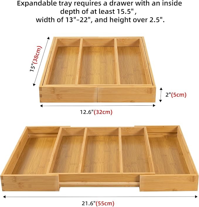 Utoplike Drawer Organizer Kitchen Utensils, Expandable Bamboo Cutlery Tray | Extendable Silverware Holder for Drawer, Flatware Caddy for Organized Kitchen, Apartment and RV, 3-5 Slots