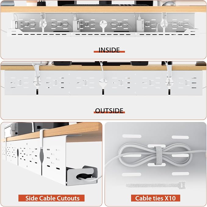 Univivi Under Desk Cable Management Tray - 48" Steel Cord Organizer, No-Drill C-Clamp & Screw Mount for Office/Home, Effortless Wire Management (White)