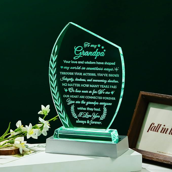 Birthday Gifts for Grandpa from Grandkids Glass Plaque Unique Present To My Grandpa with Colorful Led Base, Grandfather Gift for Thanksgiving Christmas Retirement Fathers Day