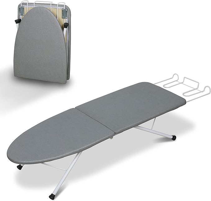 ZOES HOMEWARE Tabletop Ironing Board,Portable Iron Board with Iron Rest, Foldable Small Ironing Board with Heat Resistant Cover and 100% Cotton Pad, 31.5"x11.8"x7", Grey