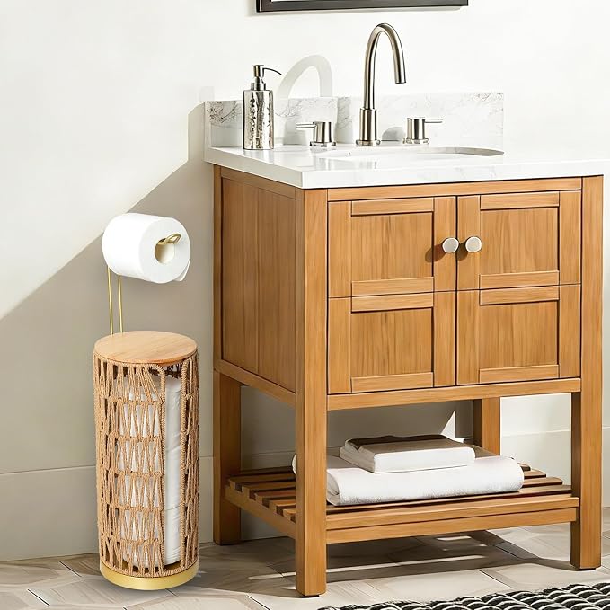 Trongee Freestanding Toilet Paper Holder with Storage,Goldn Handmade Woven Toilet Paper Roll Holder Stand,3 Rolls of Tissue Holder for Bathroom,Rattan Sturdy Boho Bathroom Toilet Paper Storage
