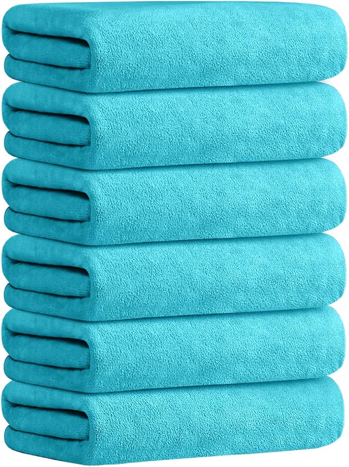 JML Microfiber Bath Towels Set, Sky Blue, 27" x 55", 6 Pack | Hanging Loop, Absorbent, Soft, Fast Drying, Lint free, Fade Resistant, Multipurpose for Adult, Beach, Pool, Sport, Yoga