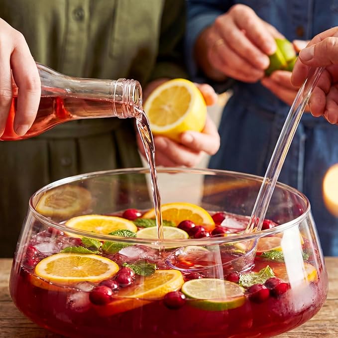 1.2 Gallon Glass Punch Bowl Set with Ladle, Clear Glass | Acacia Wood Base, Smooth Glass Finish, Elegant Centerpiece, Ideal for Holiday, Wedding, Parties & Gatherings