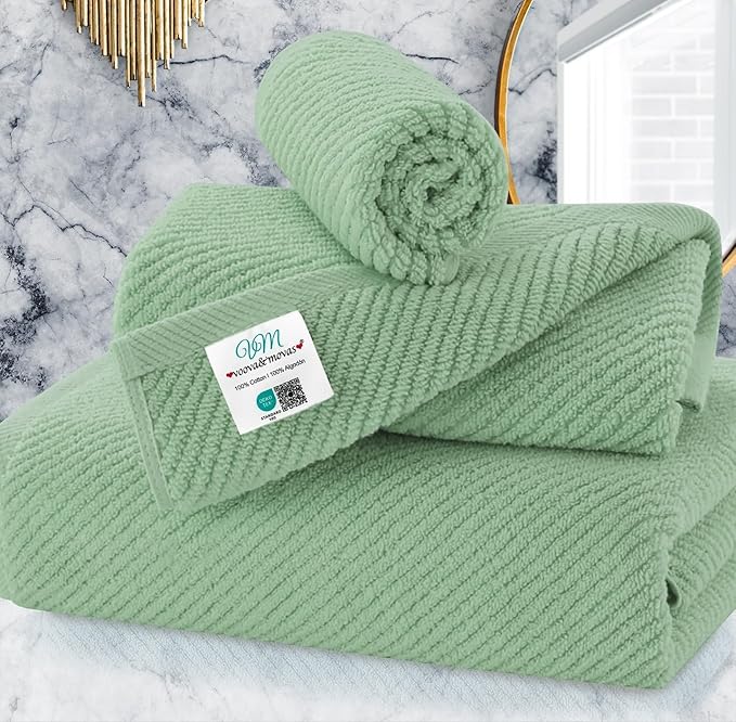 VOOVA & MOVAS 3PC Towel Set, 100% Cotton, Mint Green | 1 Large Bath 30x56 In, 1 Hand 18x28 In, 1 Wash Cloth 13x13 In, Quick Dry, Soft, Thick, Bathroom Essentials