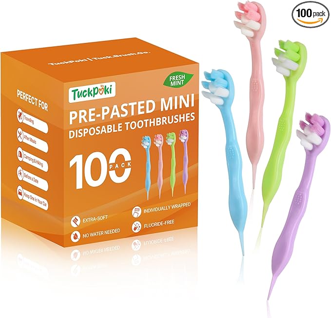 100-Pack Pre-Pasted Mini Travel Toothbrushes, Individually Wrapped Bulk Pack, Disposable Toothbrushes with Toothpaste, Waterless Single-Use Extra Soft Bristle for Adults, Travel & Braces