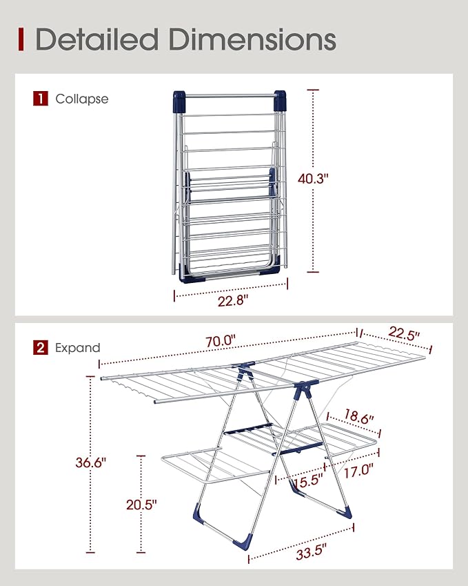 Sakugi Clothes Drying Rack, Foldable 2-Level Laundry Drying Rack with Height-Adjustable Wings, for Clothing & Bedding, Free-Standing Space-Saving Rack, Indoor & Outdoor, 70" L × 22.8" W, Silver Blue