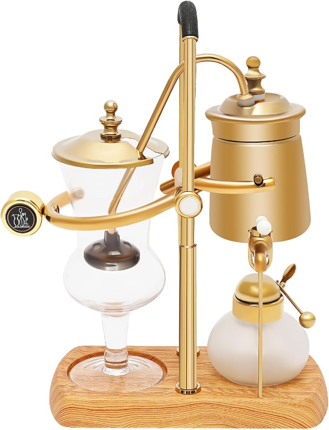 Gold Siphon Coffee Maker, 400ml Vintage Vacuum Coffee Brewer with Wooden Base, Electric Glass Balance Siphon Pot for Home, Kitchen, Coffee Shop - Manual Brewing Equipment with Measuring Cup & Spoon