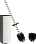 FORIOUS Tall Toilet Brush and Holder Set, Heavy Duty 304 Stainless Steel Base Square and Long Handle for Bathroom Deep Cleaning, Space Saving for Storage, 2 Toilet Bowl Brush Head, Brushed Nickel