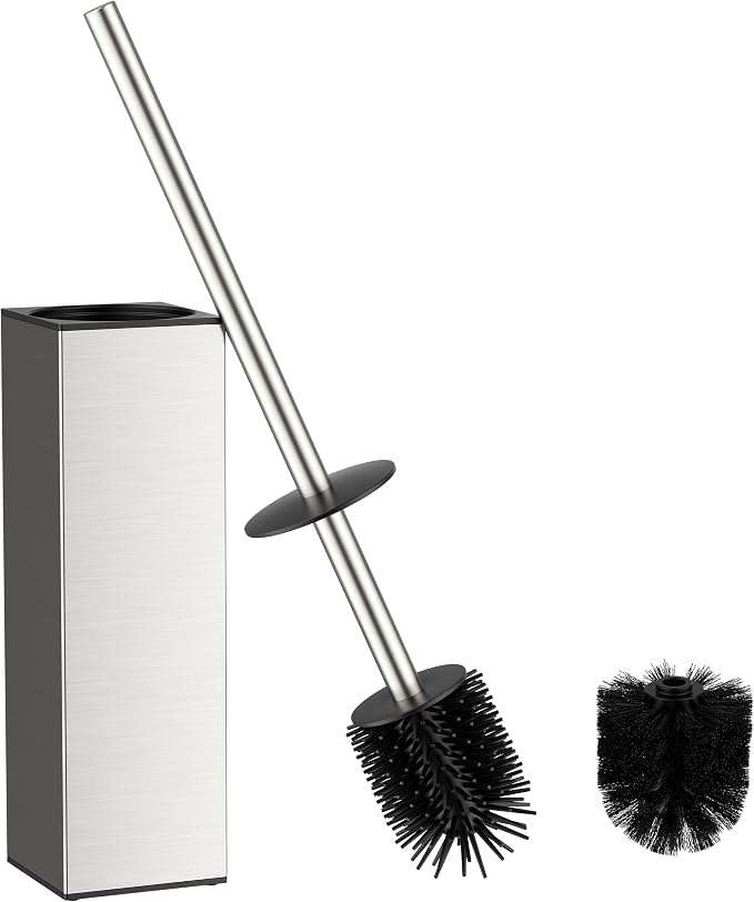 FORIOUS Tall Toilet Brush and Holder Set, Heavy Duty 304 Stainless Steel Base Square and Long Handle for Bathroom Deep Cleaning, Space Saving for Storage, 2 Toilet Bowl Brush Head, Brushed Nickel