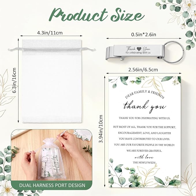 Sliner 50 Set Wedding Favor for Guest Bulk 2oz Acrylic Shot Glasses with bottle opener keychain Thank You Card Organza Bag for Guest Souvenirs Wedding Gift Bridal Shower Party (Romantic)