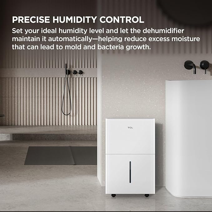 TCL 50-Pint Capacity Quiet, Energy Efficient Portable Dehumidifier, Precise Humidity Control, Bucket or Continuous Drain, Compact Humidity Absorber for Home, Attic, Garage & Rooms up to 4500 Sq Ft