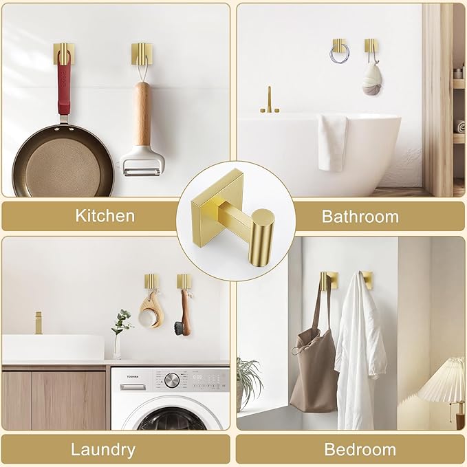 Towel Ring Set 4 Piece Bathroom Hardware Set Includes Towel Ring 2 Towel Hooks and Toilet Paper Holder Stainless Steel Wall Mounted (Brushed Gold)