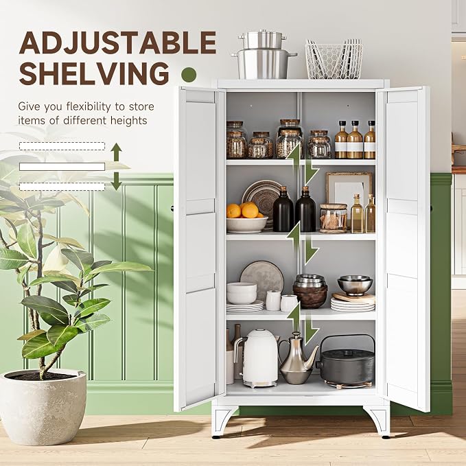 Metal Storage Cabinet with Doors and Shelves,47.3" H Bathroom Floor Kitchen Pantry Utility Cupboard Dining Home Office/Garage Organizers,White