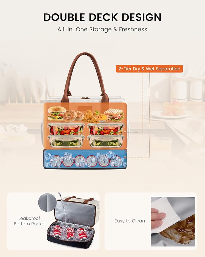 LOVEVOOK Insulated Lunch Bag Women with Triple Compartments & Bottle Holder | Double Deck Lunch Box,Reusable Lunch Tote for Everyday Family Meal Prep,Leakproof Cooler Bag for Work Picnic College,16L