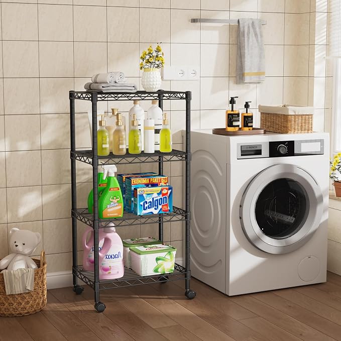 Golpart Small 4 Tier Shelves Storage Wire Shelving Unit Metal Shelf Adjustable Organizers Storage Shelving with Wheels for Bathroom Laundry Room Kitchen Pantry11.7”D x 17.7”W x 44.8”H Black