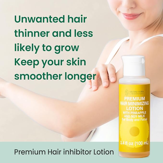 SUZUKI HERB LABORATORY Hair Removal Cream (8.1 OZ / 230g) and Premium Hair Minimizing Lotion (3.52 FL. OZ / 100mL) with Pineapple and Soymilk for Sensitive Skin, Made in Japan