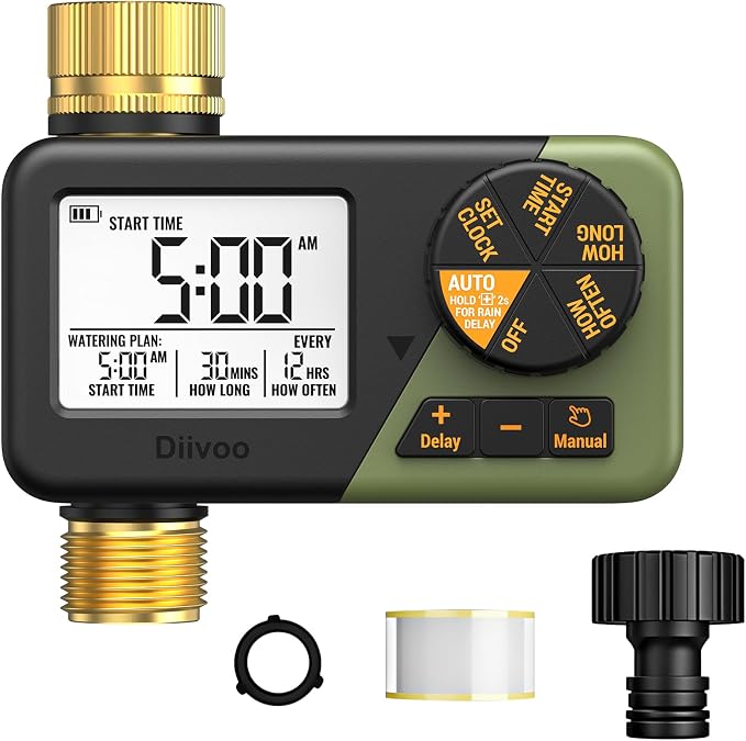 Diivoo IP66 Waterproof Brass Hose Timer, Programmable Sprinkler Timer with Large Display, Rain Delay & Manual Mode – Outdoor Automatic Irrigation System for Garden, Lawn & Yard