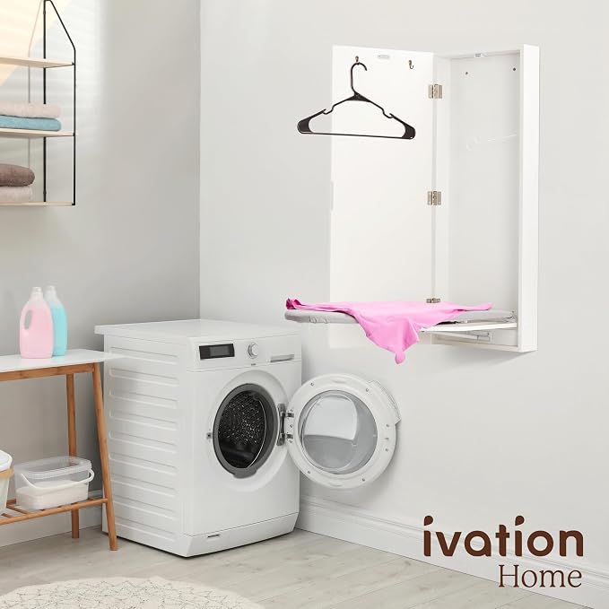 Ivation Wall-Mounted Swivel Ironing Board Cabinet, Foldable Ironing Storage Station for Home, Apartment, Easy-Release Lever, Garment Hooks, White