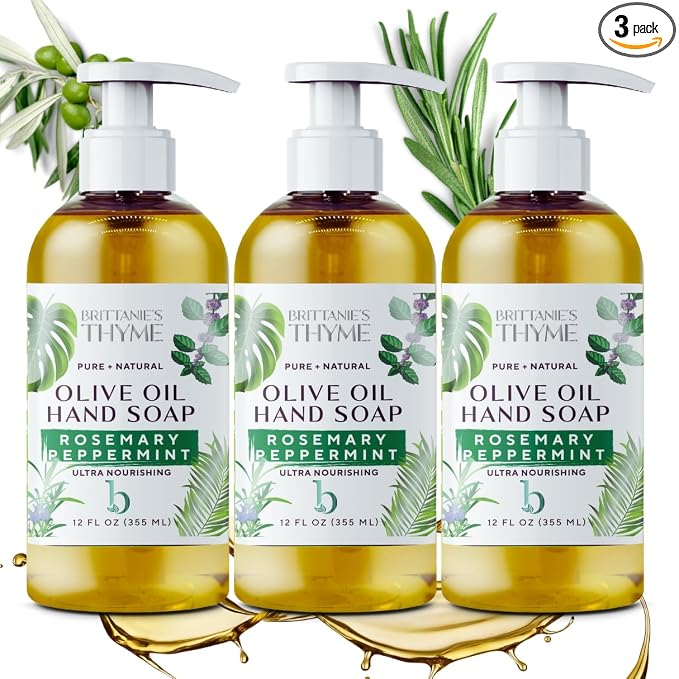 Brittanie’s Pure Castile Liquid Soap Refill, Rosemary Peppermint, 12 Ounce 3 Pack | Dish Soap, Hair & Body, Home, Gentle and Pure, Made with Natural Luxurious Oils, Vegan & Gluten Free Non-GMO