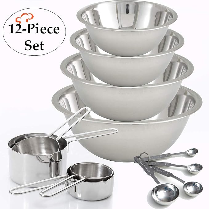 12Piece Stainless Steel Measuring Cups and Measuring Spoon Set with 4 Mixing Bowls