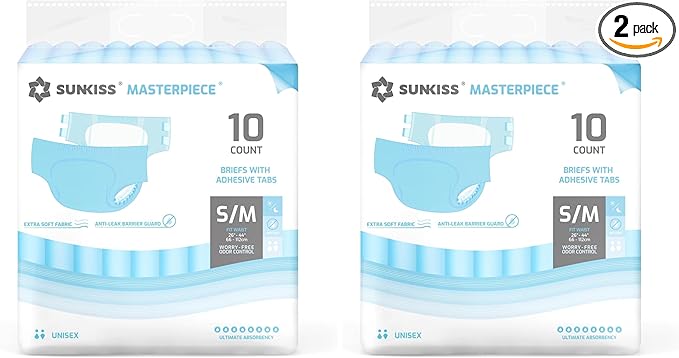 SUNKISS Masterpiece Adult Diapers with Tabs, Unisex Disposable Incontinence Briefs for Women and Men, Odor Control, Blue, S/M, 10 Count (Pack of 2)