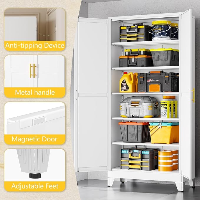 PAOFIN Metal Tall Storage Cabinet with 2 Doors and 5 Adjustable Shelves, 75" Metal Garage Storage Cabinets, File Cabinet,Steel Tool Cabinets for Home,Office,Garage,School,Warehouse (White)