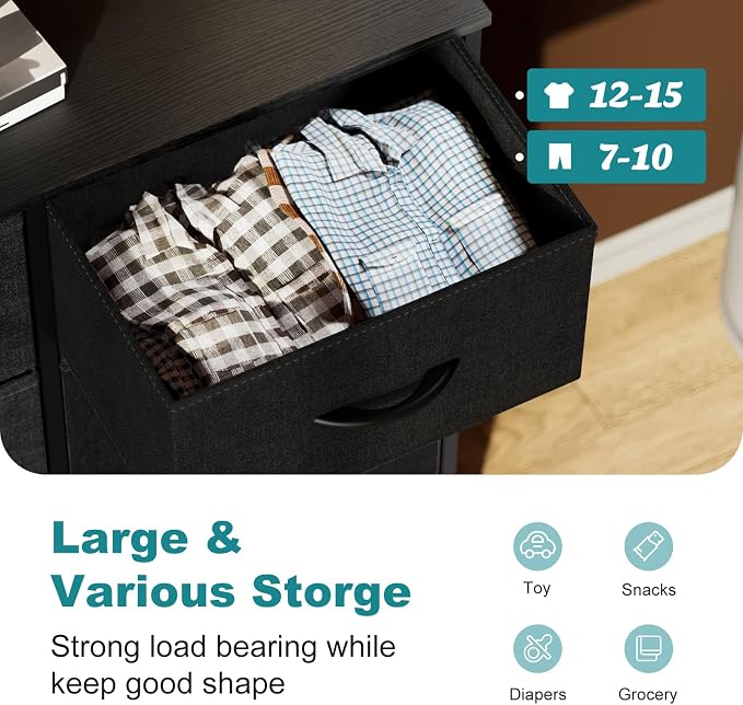 OLIXIS 8 Drawer Dresser for Bedroom, Wide Fabric Storage Tower with Wooden Top and Metal Frame, Closet Chest Organizer Furniture, Living Room Hallway, Black
