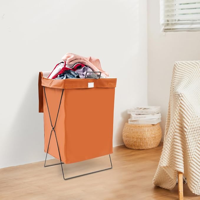 X-Frame Collapsible Laundry Basket, Foldable Dirty Clothes Basket w/Lid, Laundry Hamper Washing Bin for Bathroom, Bedroom, Dorm (Brown B)