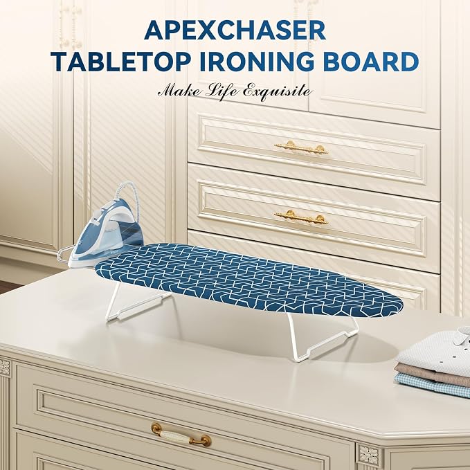 Small Ironing Board Tabletop with Heat Resistant Cover, Compact Mini Ironing Board (with Iron Rest) & Metal Frame, for Dorm, Apartment, Hook for Hanging, Iron Board 12x30, Iron Table Stand Dark Blue