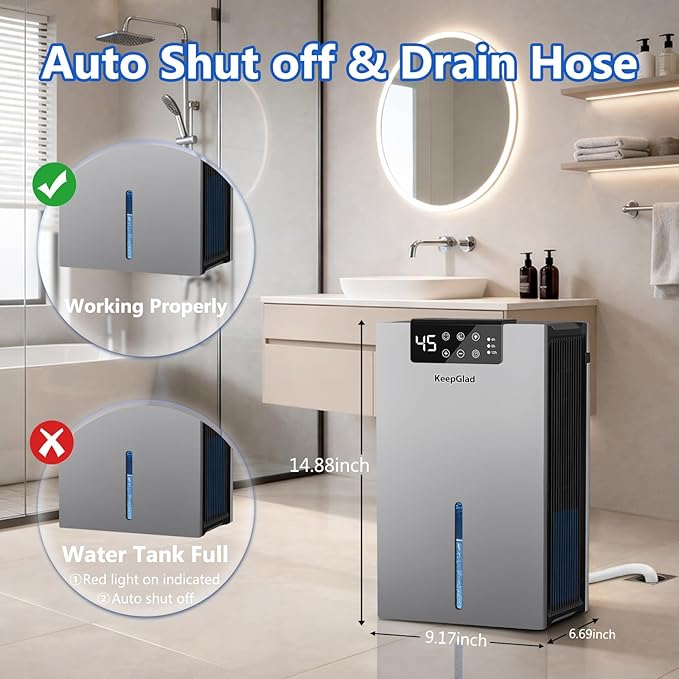 KeepGlad Dehumidifier, 98OZ Dehumidifiers for Home(1000sq.ft), Humidity Display Dehumidifier for Basement Bathroom Bedroom, Auto Shut Off, Washable Filter, Drain Hose, Timer, 7 Ambient Lights, Gray