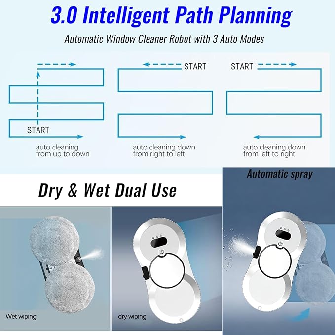 Iopsk Window Cleaning Robot, Automatic Window Cleaner with Water Spray, 5600Pa Suction, 3.0 Path Planning, Remote Control, for Indoor Outdoor Windows Glass Tiles Door
