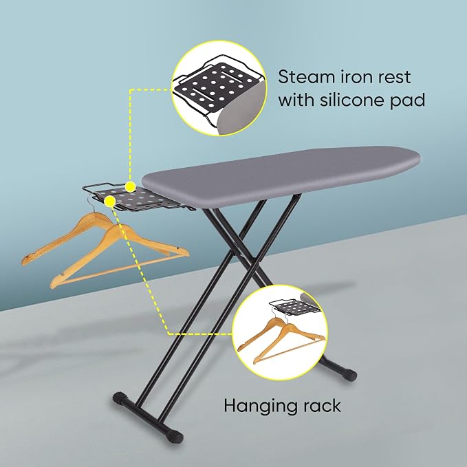 Jakeefud Deluxe Ironing Board with Heat Resistant Cover and Thicken Felt Pad, Heavy Sturdy Legs,Full Size Hanger Iron Board,Foldable (L-Grey)