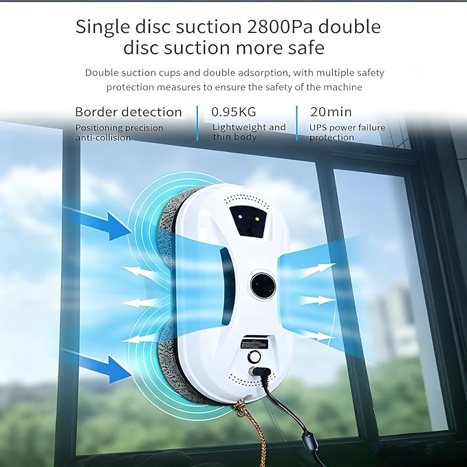 Automatic Smart Window Cleaning Robot, 2800pa Dual Suction for Streak-Free Shine, Drop Protection & 3 Cleaning Modes with Auto Path Planning, Window Cleaning Robot for High-Rise (White)
