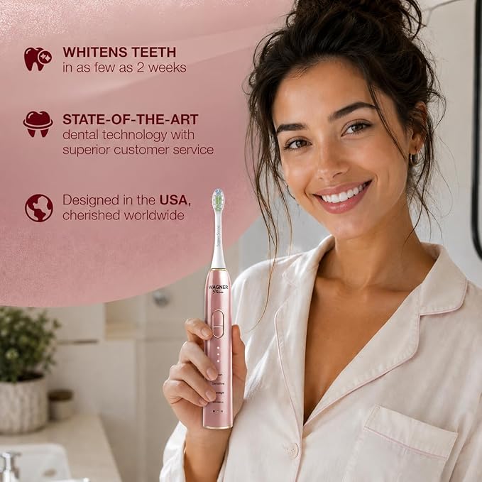 Wagner Stern IntelliBrush Series Whitening Electric Toothbrush with Pressure Sensor. Offers 4 Brushing Modes, 3 intensities, 8 Soft Brush Heads, and a Luxury Travel case.
