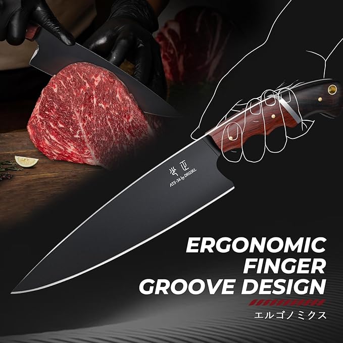 DRGSKL Japanese Chef Knife 8 Inch - Kitchen Knife with Walnut Handle | Japanese ATS-34 Steel, Full Tang, Ergonomic Walnut Handle, Precision Cutting, Gift Box