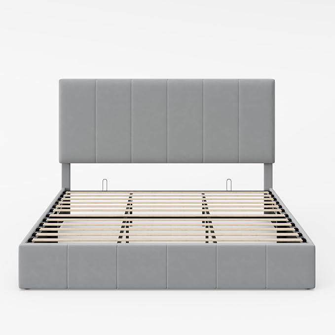 Allewie King Size Velvet Lift Up Hydrualic Storage Bed Frame, Grey | Vertical Channel Tufted Headboard, Hydrualic Underneath Storage, Upholstered Platform Bed, No Box Spring Needed