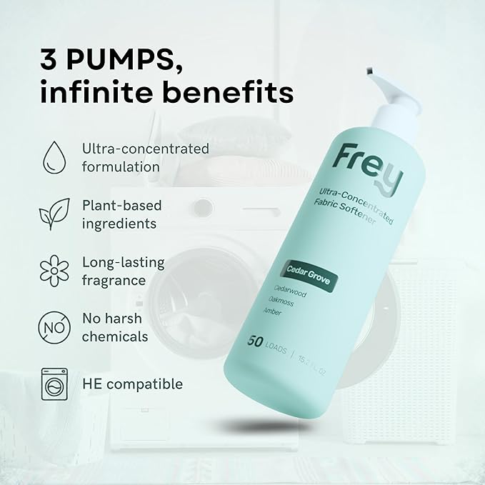 FREY Natural Liquid Fabric Softener and Conditioner | HE Laundry Softener for All Machines | Plant-Powered Eco Friendly Formula | 1-Pack, Cedar Grove