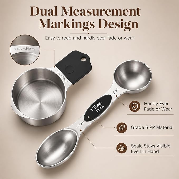 Magnetic Measuring Cups and Spoons Set - 304 Stainless Steel | Dual-sided Design | Set of 15 with Leveler | Strong N52 Magnetic Nesting Design | for Dry & Liquid Ingredients (Black)
