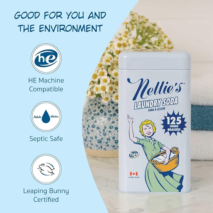Nellie's Laundry Soda | Laundry Detergent Powder, 125 Load | Made in Canada | Septic-Safe, HE Compatible & Fragrance-Free - Concentrated Formula - Simple, Safe ingredients