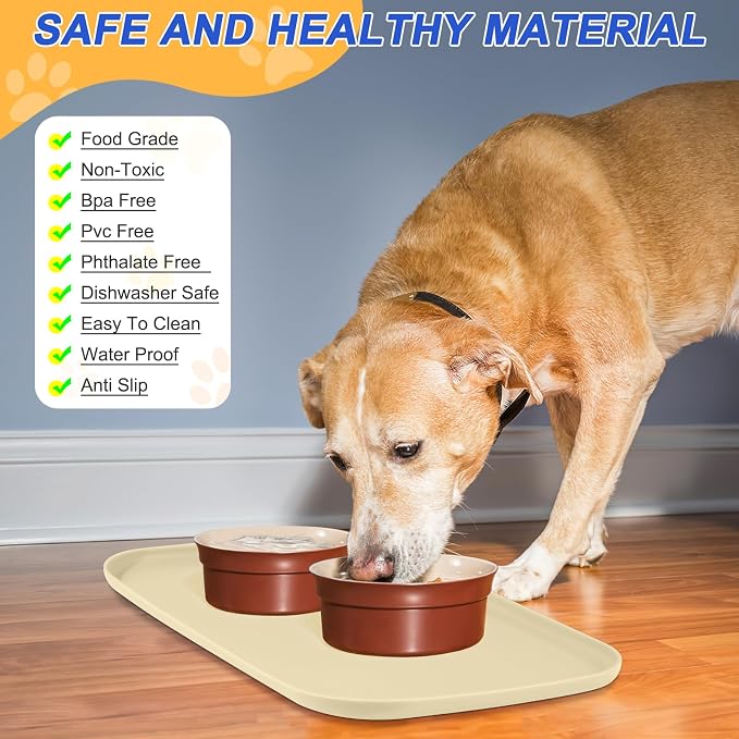 SMILOOL Silicone Pet Food Mat with Raised Edge for Food and Water Bowl, Dog Feeding Mats, Cat Food Trays for Floor Waterproof, Rubber Tray for Dogs and Cats, 22 x 14 x 0.8 White Sand(Yellow Cast)