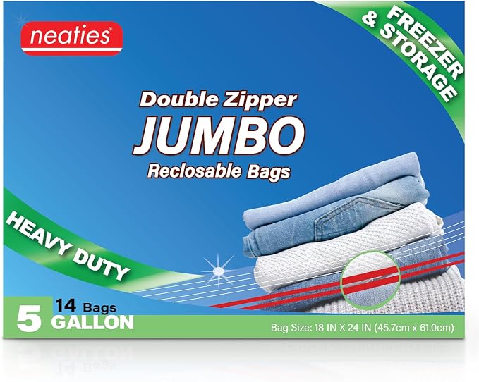 5 Gallon Resealable Bags – Heavy Duty Jumbo Freezer Bags with Dual Zipper – 18x24" Extra Large with Writable Space for Kitchen or Home Storage – BPA-Free Food Grade Plastic – 14 Pack