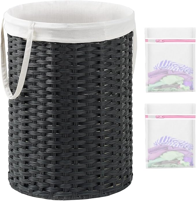 SETVSON Laundry Basket Round Rattan Laundry Hamper 29.1 Gal(110 L) Handwoven Large Wicker Basket with Handles, Wicker Hamper with Removable Bags and 2 Mesh Bags for Bathroom Living Room Black(No Lid)