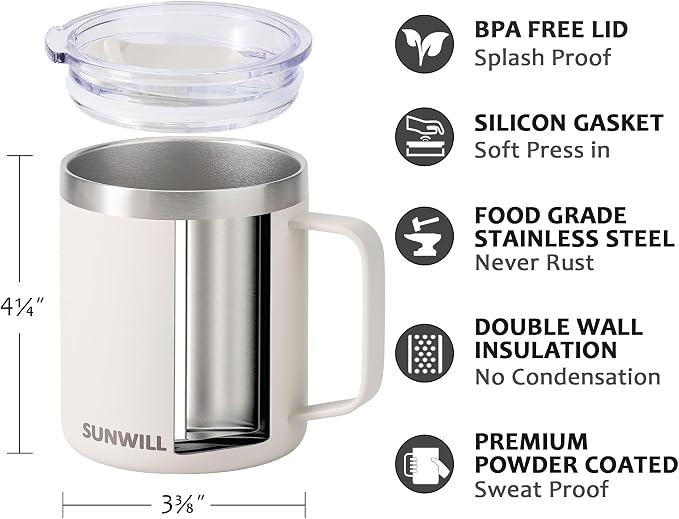 SUNWILL Travel Coffee Mug with Lid, Insulated Tumbler with Handle, 14 oz Stainless Steel Cup for Home, Office, Camping, Powder Coated Cream