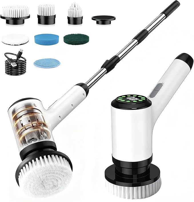 Cordless Electric Spin Scrubber with 7 Brush Heads, White-te1 | Adjustable long handle for shower, tile, grout, sink, tub, floor, and car wheel cleaning