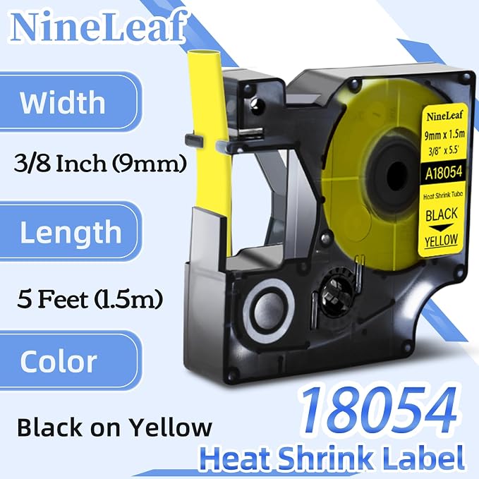 NineLeaf 3 Pack Compatible Labels Tape Replacement for Dymo 18054 3/8 inch Black on Yellow Heat Shrink Tube Labels 9mm x 1.5m for Wires and Cables Use in Rhino 4200 5200 5000 6000 3M Label Maker