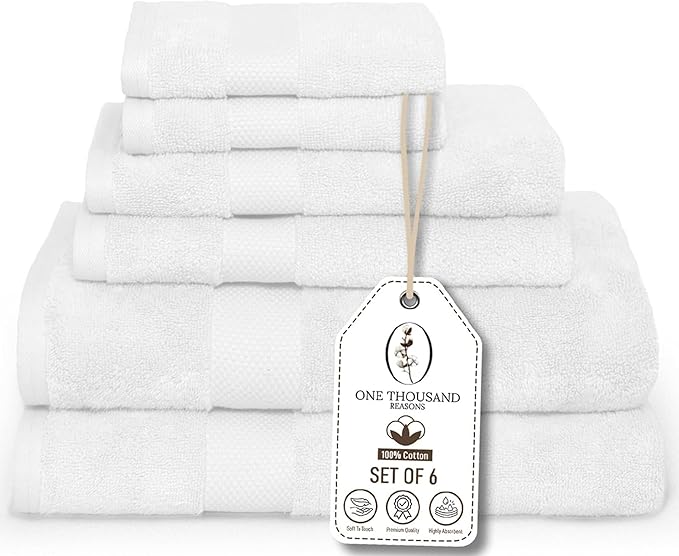 Premium Staple Cotton Bathroom Towel Set - White 600 GSM 6-Piece Luxury Bath Towel Set 1 Stripe - 2 Bath Towels, 2 Hand Towels & 2 Washclothes Set - High Absorbent & Quick Dry for Gym, Spa, Hotel