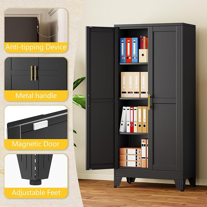PAOFIN 61" Metal Storage Cabinet with 2 Doors and 3 Adjustable Shelves,Black Metal Garage Storage Cabinets, File Cabinet,Steel Tool Cabinets for Home,Office,Garage,School,Warehouse