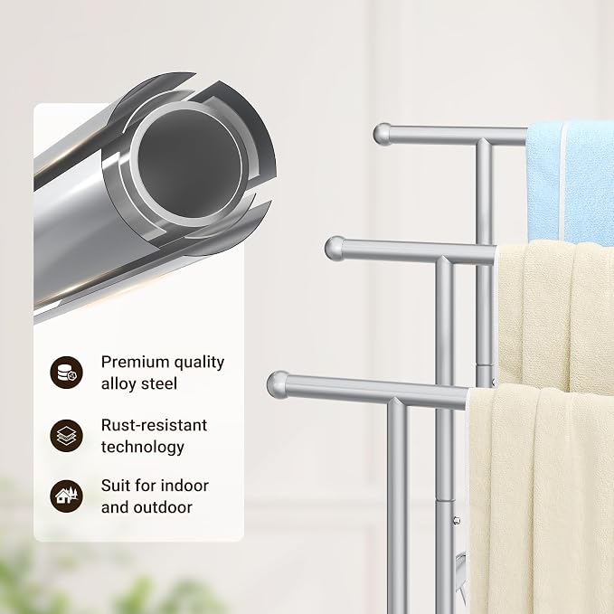 ELYKEN 3 Tier Freestanding Towel Rack with Shelf, 40" H Towel Stand, Silver | Metal Drying Rack for Oversized Bath Towels & Blankets, 4 Hooks, Indoor & Outdoor Use, Fits Bathroom, Tub, Shower, Poolside