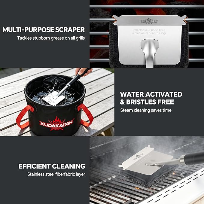 Bristle-Free Steam Grill Brush with 5 Replacement Pads – No Bristle Shedding. Unique Steel Fibers Pads Efficiently Deep Clean All Kinds of Grills. A Safe Outdoor Grill Cleaner.(Model-XD3000)